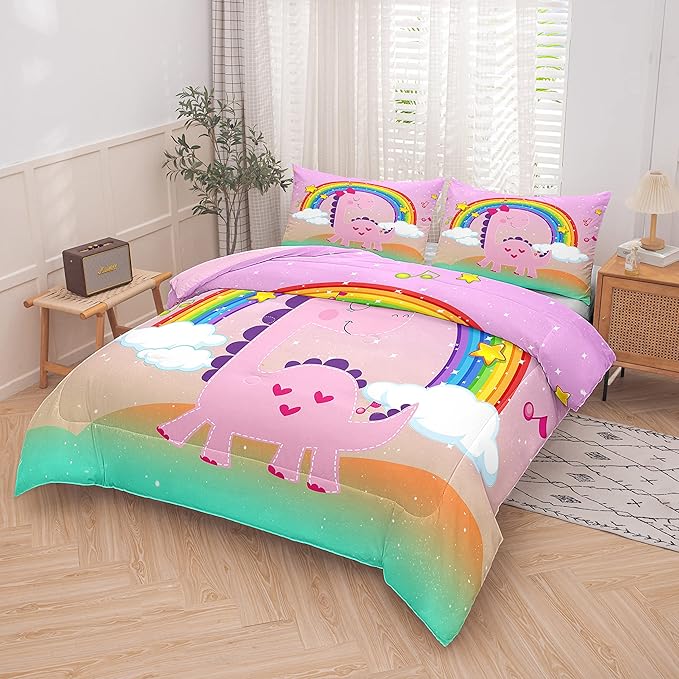Tailor Shop Dinosaur Girls Comforter Set Queen Size,Rainbow Pink Dinosaur Bedding Set,Cartoon Dino Comforter Sets for Kids Teens，Dinosaur Bed Set,with 1 Comforter 2 Pillowcase - LeafyLoom