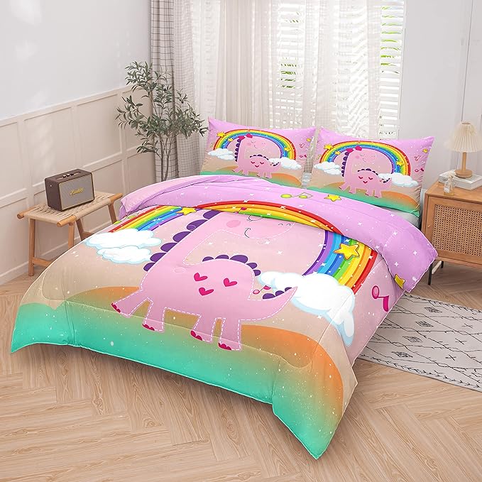 Tailor Shop Pink Dinosaur Bedding Set Twin Size,Dinosaur Comforter Set for Girls,Cartoon Rainbow Dino Comforter Sets for Kids Teens，with 1 Comforter 1 Pillowcase… - LeafyLoom