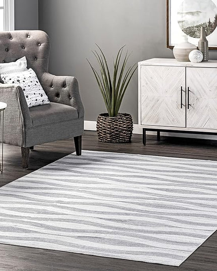 nuLOOM Kami Abstract Curves Machine Washable Ultra Thin Area Rug, 3' x 5', Light Grey - LeafyLoom