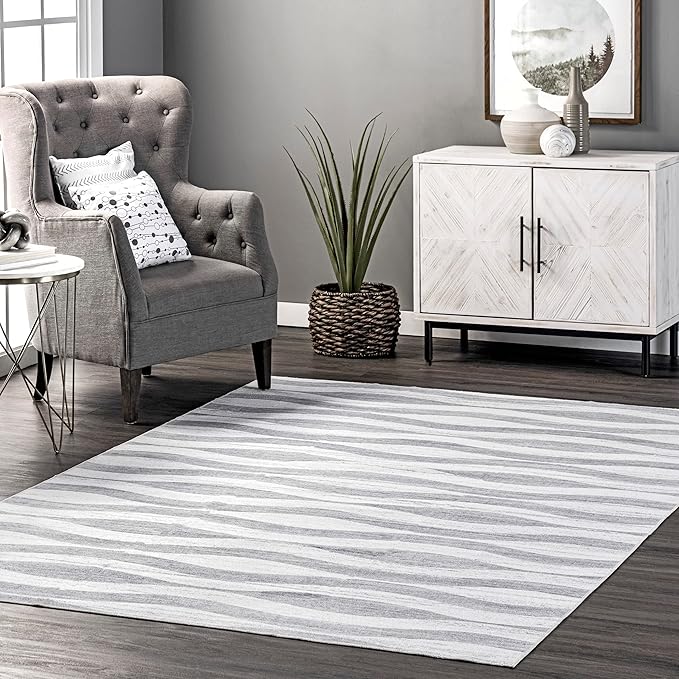 nuLOOM Kami Abstract Curves Machine Washable Ultra Thin Area Rug, 3' x 5', Light Grey - LeafyLoom