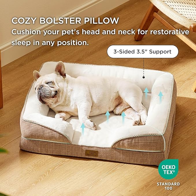 Bedsure Orthopedic Dog Bed for Medium Dogs - Waterproof Dog Sofa Beds Medium, Supportive Foam Pet Couch Bed with Removable Washable Cover, Waterproof Lining and Nonskid Bottom, Brown Checks BEDSURE
