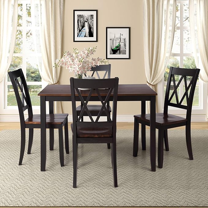 Farmhouse Style Comfortable 4 Chairs, Long-Lasting Solid Wood Home, Easy Assembly and Clean, Room, Kitchen, 5 Piece Dining Table Set, Black 25 - LeafyLoom
