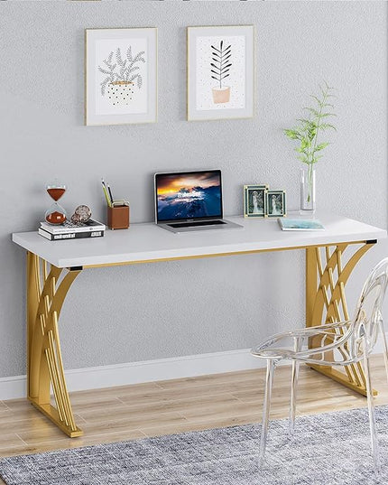 55’’ Large Modern Computer Desk, White & Gold Luxury Laptop PC Student Table, Makeup Vanity Table with Thick Frame & Strong Legs, Sturdy Writing Workstation for Home & Office - LeafyLoom