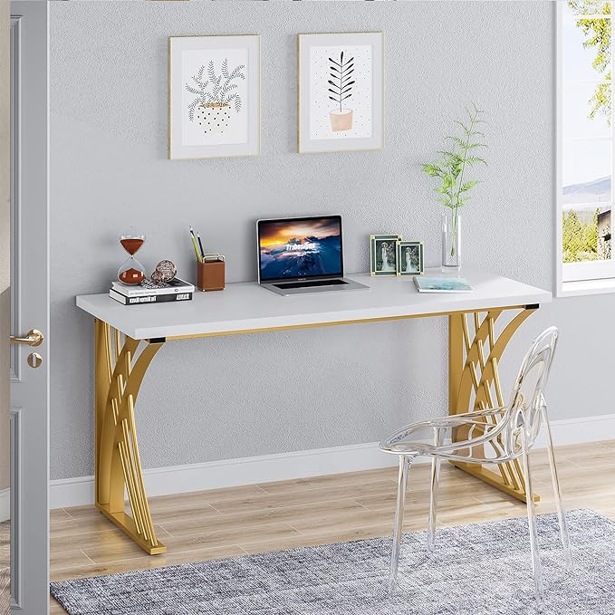 55’’ Large Modern Computer Desk, White & Gold Luxury Laptop PC Student Table, Makeup Vanity Table with Thick Frame & Strong Legs, Sturdy Writing Workstation for Home & Office - LeafyLoom