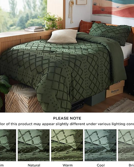 Bedsure Twin/Twin XL Comforter Set - Olive Green Boho Twin Extra Long Comforter Set for College, Shabby Chic Dorm Bedding Set, 2 Pieces Modern Farmhouse Bed Set, includes 1 Pillow Sham - LeafyLoom