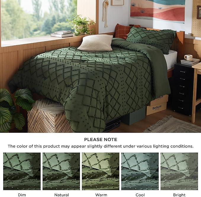 Bedsure Twin/Twin XL Comforter Set - Olive Green Boho Twin Extra Long Comforter Set for College, Shabby Chic Dorm Bedding Set, 2 Pieces Modern Farmhouse Bed Set, includes 1 Pillow Sham - LeafyLoom