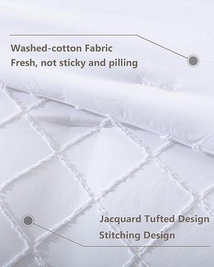 White Comforter Set with Jacquard Tufted Design, Farmhouse Bedding Sets for All Seasons, Soft 7 Pieces King Bed in a Bag with Comforter, Flat Sheet, Fitted Sheet, Pillowcases & Shams - LeafyLoom