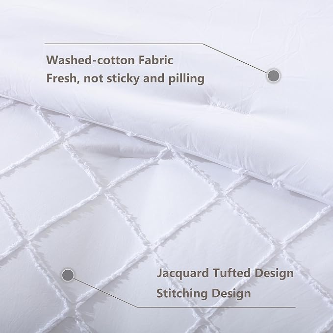 White Comforter Set with Jacquard Tufted Design, Farmhouse Bedding Sets for All Seasons, Soft 7 Pieces King Bed in a Bag with Comforter, Flat Sheet, Fitted Sheet, Pillowcases & Shams - LeafyLoom