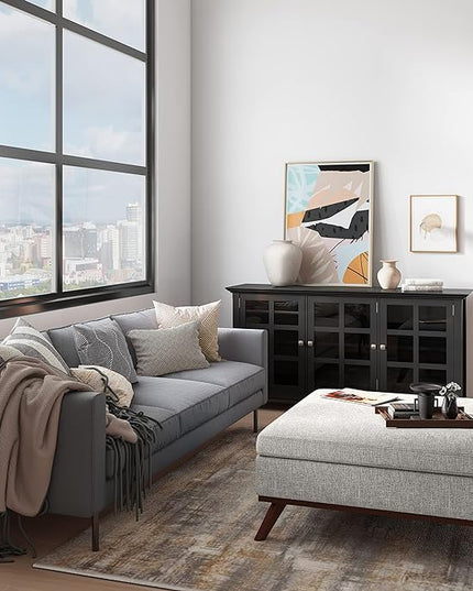 SIMPLIHOME Owen 36 Inch Wide Mid Century Modern Square Coffee Table Lift Top Storage Ottoman in Upholstered Cloud Grey Taupe Polyester Fabric, For the Living Room - LeafyLoom