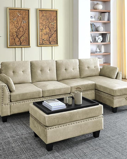 Velvet L Shaped Sofa with Reversible Chaise Lounge, Storage Ottoman, Pillows & Side Pocket, Button Tufted Backrest, 6-Seater Upholstered Corner Sectional Couches for Living Room Furniture Set - LeafyLoom