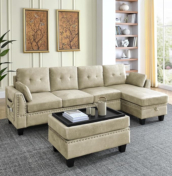 Velvet L Shaped Sofa with Reversible Chaise Lounge, Storage Ottoman, Pillows & Side Pocket, Button Tufted Backrest, 6-Seater Upholstered Corner Sectional Couches for Living Room Furniture Set - LeafyLoom