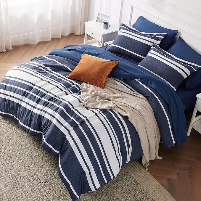 Bedsure Bed in a Bag Queen 7 Pieces - Navy & White Striped Comforter Set Queen All Season Bed Set, Bed Set Queen Size with 1 Comforter, 1 Flat Sheet, 1 Fitted Sheet, 2 Pillowcases & 2 Shams - LeafyLoom