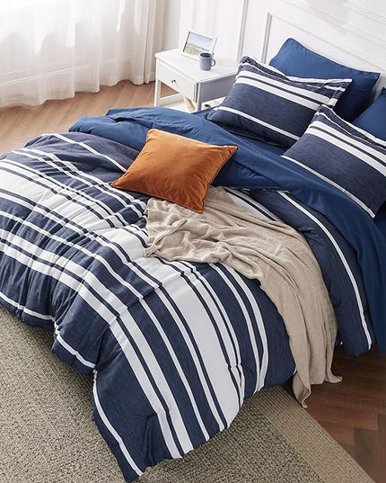 Bedsure Bed in a Bag King Size 7 Pieces, Navy White Striped Bedding Comforter Sets All Season Bed Set, 2 Pillow Shams, Flat Sheet, Fitted Sheet and 2 Pillowcases - LeafyLoom