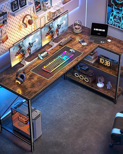 L Shaped Desk, 55 Inches Computer Desk with Reversible Storage Shelves, Gaming Desk, Corner Desk Home Office Desks, Writing Desk Study Desk with Metal Frame, Rustic Brown - LeafyLoom
