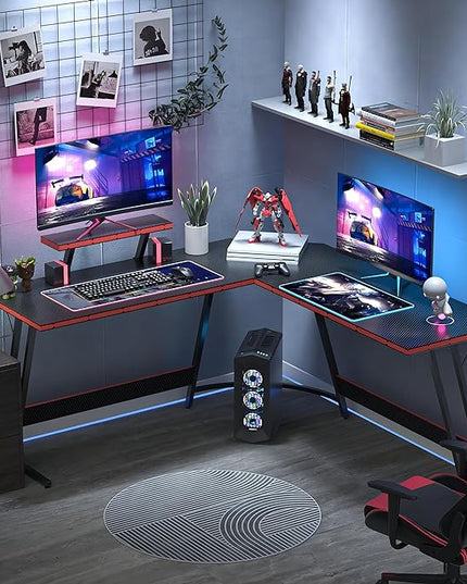L Shaped Gaming Desk, 51 Inch Computer Corner Table with Large Monitor Stand & Carbon Fiber Surface for Home Office Study Writing Workstation, Black - LeafyLoom