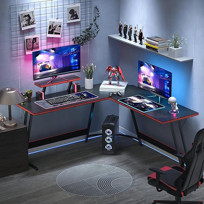 L Shaped Gaming Desk, 51 Inch Computer Corner Table with Large Monitor Stand & Carbon Fiber Surface for Home Office Study Writing Workstation, Black - LeafyLoom