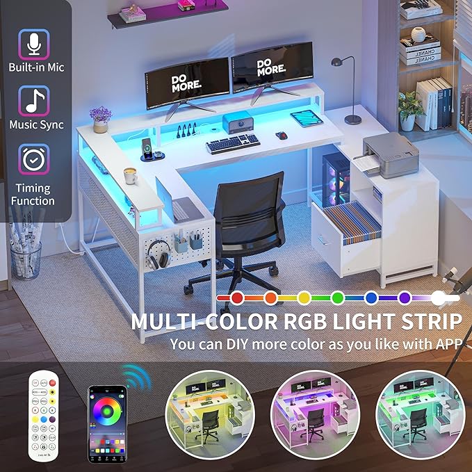 YITAHOME U Shaped Desk, L Shaped Desk with Drawers, Reversible Computer Desk with Power Outlets & LED Lights, Corner Desk Office Desk with Monitor Stand & Storage Shelves, White - LeafyLoom