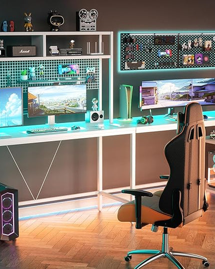 L Shaped Desk with Hutch & Pegboard - Reversible 67" L Shaped Gaming Desk with LED Lights, Corner Computer Desk with Storage Shelves, White - LeafyLoom