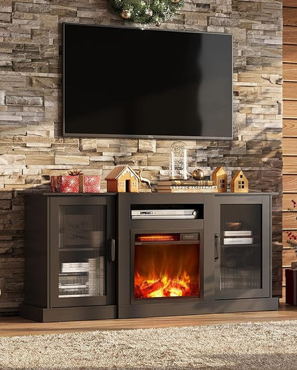 WLIVE Fireplace TV Stand for 60 65 inch TV, Modern Entertainment Center with Electric Fireplace Heater for Living Room, Tall TV Console Table with Storage, Black - LeafyLoom