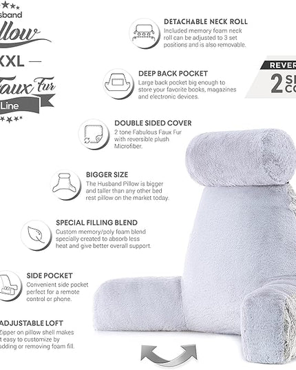 Husband Pillow XXL Rare Baby Arctic Grey Wolf Backrest, Two-Tone Reversible Double Sided Fabulous Faux Fur Reading & Bed Rest Pillow with Arms & Neck Roll, Adjustable Memory Foam - Extremely Comfy - LeafyLoom