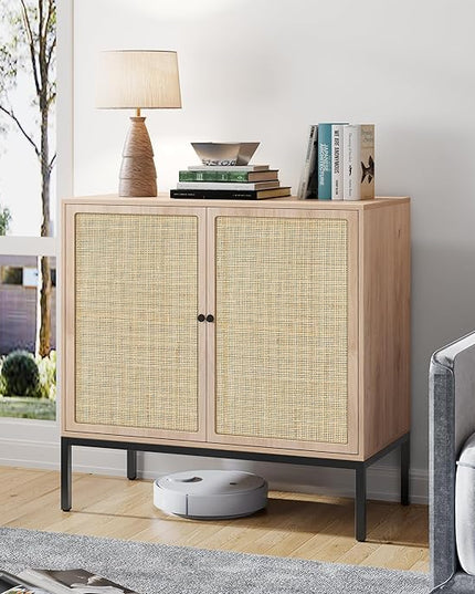Brafab Sideboard Buffet Cabinet with Storage, Accent Cabinet with Natural Rattan Decorated Doors, Rattan Cabinet, for Living Room, Entryway, Bedroom, Dining Room/Square Doors - LeafyLoom