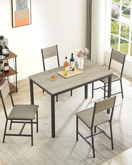 Dining Table Set for 4, Industrial Metal Wood 47.2" Kitchen Dining Table with 4 Upholstered PU Leather Chairs, Indoor Modern Furniture Set for Dining Room, Dinette, Breakfast Nook, Grey - LeafyLoom
