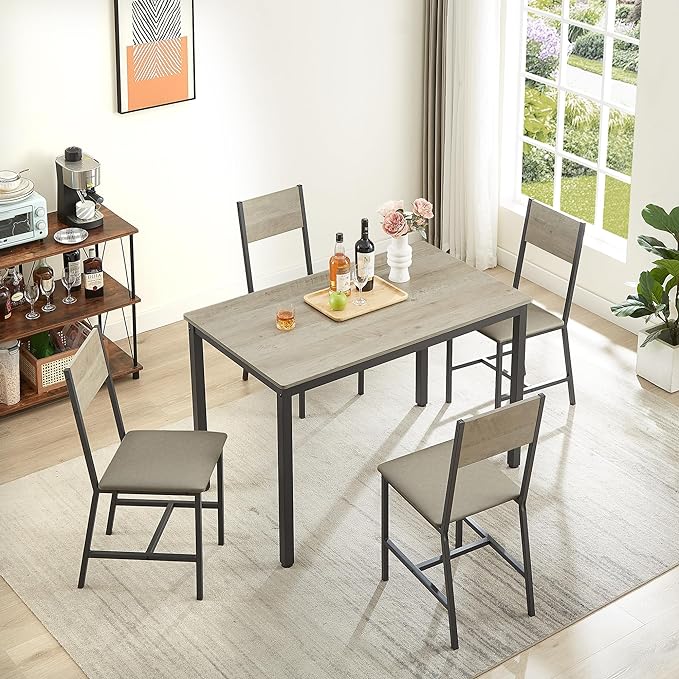 Dining Table Set for 4, Industrial Metal Wood 47.2" Kitchen Dining Table with 4 Upholstered PU Leather Chairs, Indoor Modern Furniture Set for Dining Room, Dinette, Breakfast Nook, Grey - LeafyLoom
