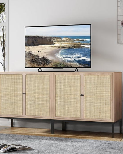 Brafab Set of 2 Sideboard Buffet Cabinet with Storage, Sideboard Cabinet with Natural Rattan Decorated Doors, Rattan Cabinet, for Living Room, Entryway, Bedroom, Dining Room/Square Doors - LeafyLoom