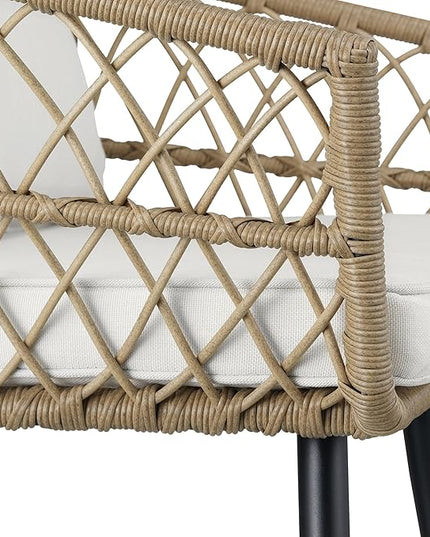 Quality Outdoor Living 65-YZ03HM Hermosa 3 Piece Chat Set, Aluminum Frame + Tan Wicker + Linen Cushions - LeafyLoom