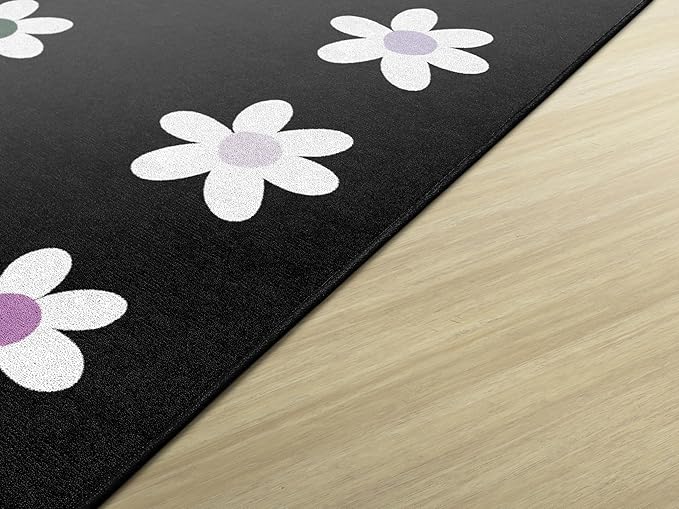 Flagship Carpets Schoolgirl Style Daisies on Black Criss-Cross Applesauce Educational Area Rug for Kids Room, Children's Classroom, Play Carpet for Teaching and Playroom, 7'6" x 12', Seats 32 - LeafyLoom