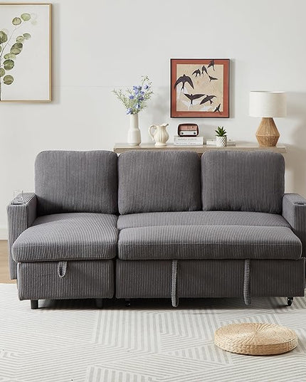 3 Seater Reversible Sleeper Sectional Sofa Bed with Storage Chaise Lounge and Cupholders, Corduroy Upholstered Convertible Sofabed Corner Couch,L Shaped Sofá for Living Room Office, Grey 78.5" - LeafyLoom