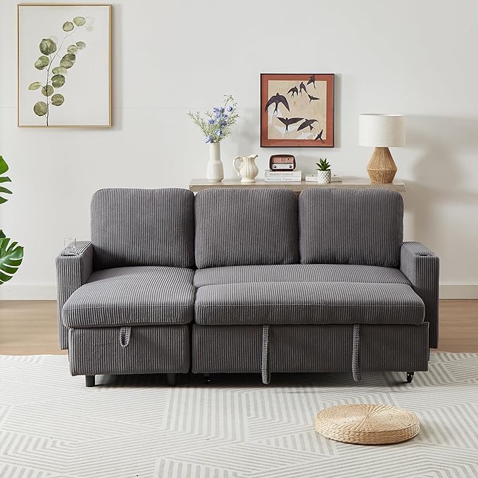 3 Seater Reversible Sleeper Sectional Sofa Bed with Storage Chaise Lounge and Cupholders, Corduroy Upholstered Convertible Sofabed Corner Couch,L Shaped Sofá for Living Room Office, Grey 78.5" - LeafyLoom