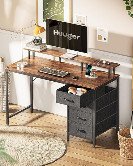 47 Inch Computer Desk with Power Outlets and LED Lights, Gaming Desk with 4 Drawers, Office Desk with Monitor Stand, Study Desk Work Desk for Home Office, Small Spaces, Rustic Brown - LeafyLoom