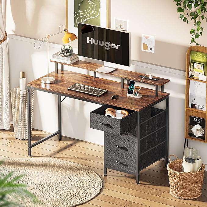 47 Inch Computer Desk with Power Outlets and LED Lights, Gaming Desk with 4 Drawers, Office Desk with Monitor Stand, Study Desk Work Desk for Home Office, Small Spaces, Rustic Brown - LeafyLoom