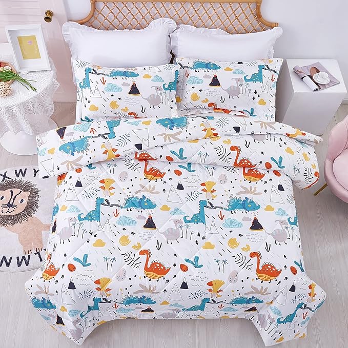 JSD Dinosaur Kids Comforter Set for Boys Girls, 2 Pieces Twin Microfiber Comforter with Pillow Sham, Soft Comfortable Machine Washable - LeafyLoom