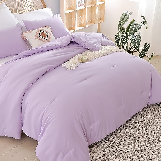 Lavender Queen Comforter Set 3PCS Purple Comforter Modern Bedding Comforter Set for All Season Soft Lightweight Microfiber Comforter Set (1 Comforter, 2 Pillowcases) - LeafyLoom