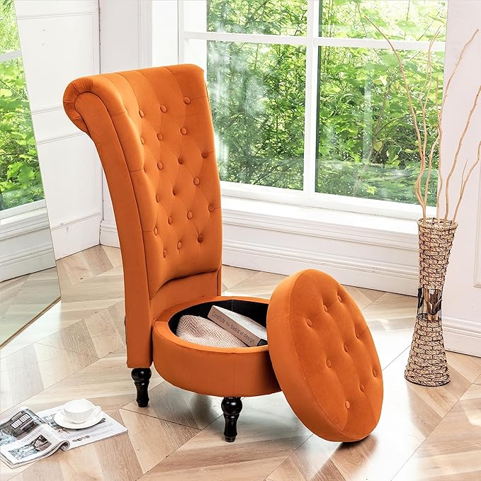 Red Orange Velvet Accent Chair for Vanity with Storage and Luxurious Upholstery, Retro Design and Versatile Usage for Livingroom, Bedroom, Lounge and Office - LeafyLoom