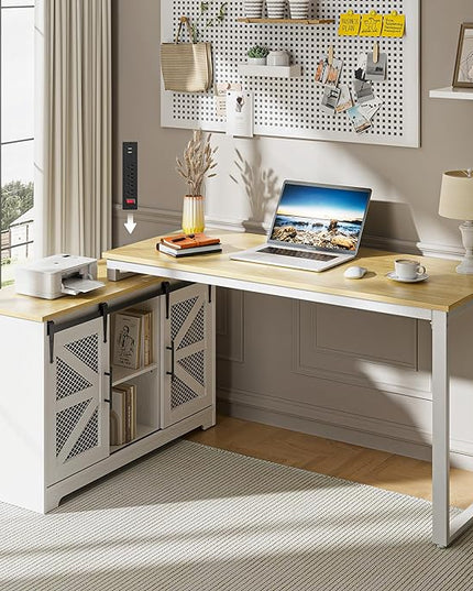 Rustic Corner Desk with Storage, L Shaped Farmhouse Office Desk with Sufficient Storage Capacity, Built-in Power Socket and Barn Door Design - LeafyLoom