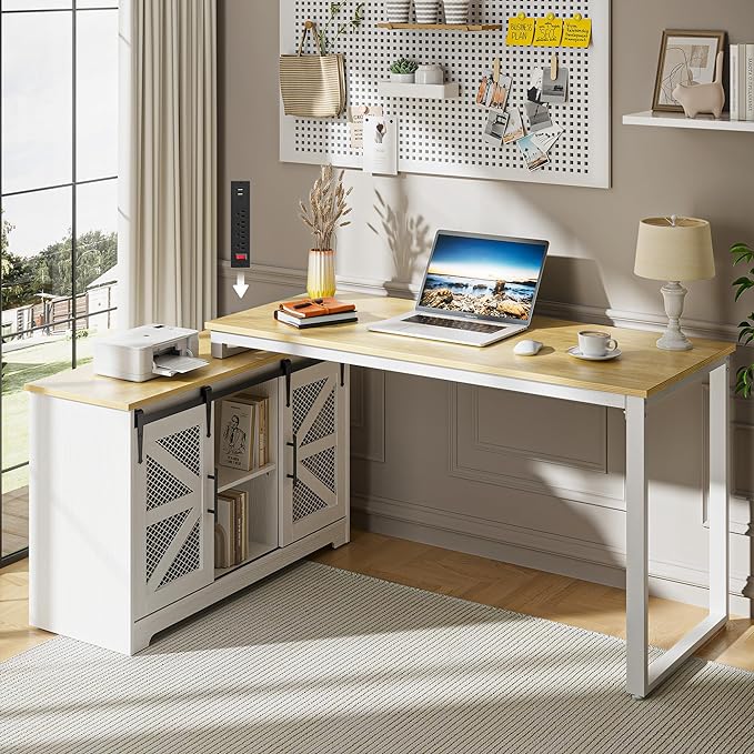 Rustic Corner Desk with Storage, L Shaped Farmhouse Office Desk with Sufficient Storage Capacity, Built-in Power Socket and Barn Door Design - LeafyLoom
