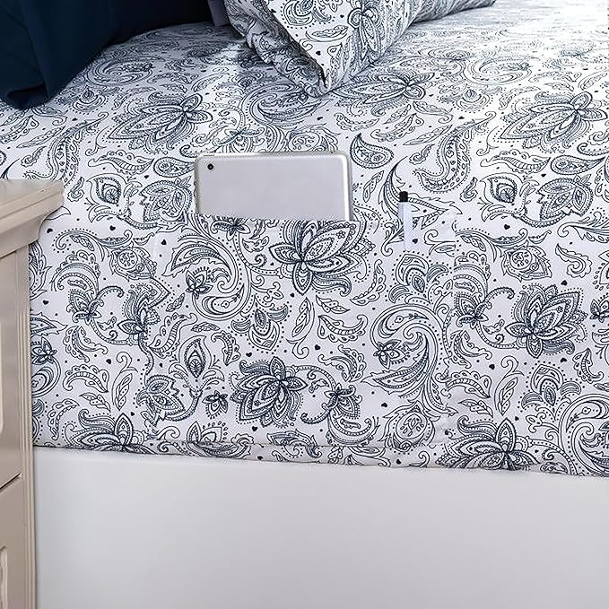 Elegant Comfort Softest and Coziest 4-Piece Sheet Set - 1500 Premium Hotel Quality Microfiber - Deep Pocket, Wrinkle Resistant 4-Piece Paisley Pattern Bed Sheet Set, Twin, Paisley Navy - LeafyLoom