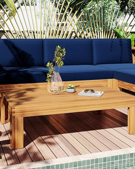 5-Piece Outdoor Patio Furniture Sectional Sets, Wooden L-shaped Corner Sofa Seating with Tea Table and Removable, Backyard Gardern Deck, Natural Finish+ Blue Cushions - LeafyLoom