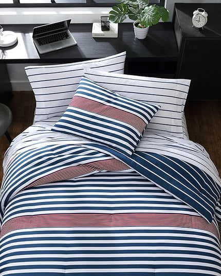Nautica - Comforter Set, Soft Reversible Bedding with Matching Shams, Striped Home Decor (Kennedy Stripe Navy Blue, King) - LeafyLoom