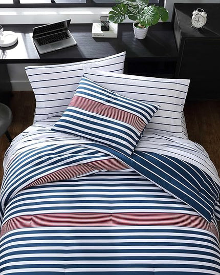 Nautica - Comforter Set, Soft Reversible Bedding with Matching Shams, Striped Home Decor (Kennedy Stripe Navy Blue, Full/Queen) - LeafyLoom