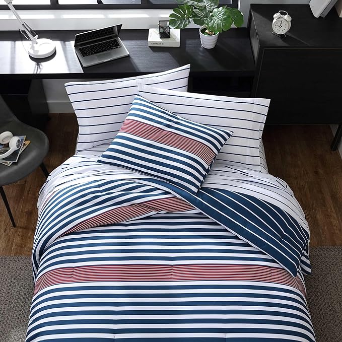 Nautica - Comforter Set, Soft Reversible Bedding with Matching Shams, Striped Home Decor (Kennedy Stripe Navy Blue, Full/Queen) - LeafyLoom