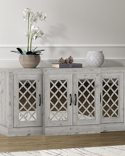 Galano Millicent Wide Sideboard Buffet Cabinet, Kitchen Storage Cabinet with Acrylic Mirror Doors, Cupboard Console Table, Rustic Farmhouse Buffet Display for Coffee Bar, Mexican Grey - LeafyLoom