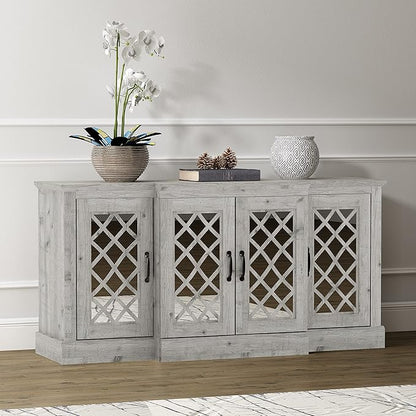 Galano Millicent Wide Sideboard Buffet Cabinet, Kitchen Storage Cabinet with Acrylic Mirror Doors, Cupboard Console Table, Rustic Farmhouse Buffet Display for Coffee Bar, Mexican Grey - LeafyLoom