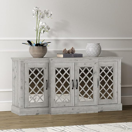 Galano Millicent Wide Sideboard Buffet Cabinet, Kitchen Storage Cabinet with Acrylic Mirror Doors, Cupboard Console Table, Rustic Farmhouse Buffet Display for Coffee Bar, Mexican Grey - LeafyLoom