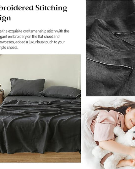 Simple&Opulence 100% Washed Linen Sheet Set-King Size-Natural France Flax Bed Sheet-4 Pcs Breathable,Ultra Soft,Farmhouse Bedding (1 Flat Sheet,1 Fitted Sheet,2 Pillowcases)-Embroidery Dark Grey - LeafyLoom