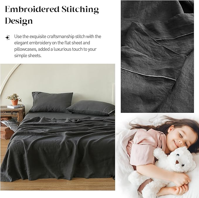 Simple&Opulence 100% Washed Linen Sheet Set-King Size-Natural France Flax Bed Sheet-4 Pcs Breathable,Ultra Soft,Farmhouse Bedding (1 Flat Sheet,1 Fitted Sheet,2 Pillowcases)-Embroidery Dark Grey - LeafyLoom