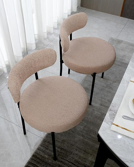 Light Brown Dining Chairs Set of 2 Round Upholstered Boucle Dining Room Chairs Mid-Century Modern Kitchen Chairs Curved Backrest Chairs for Dining Room Black Metal Legs - LeafyLoom